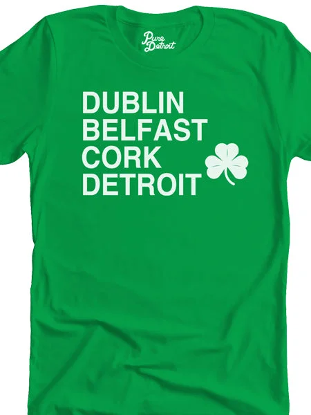 Dublin Belfast Cork Detroit Unisex T-shirt - White / Irish Green Ribbed Striped Patterned