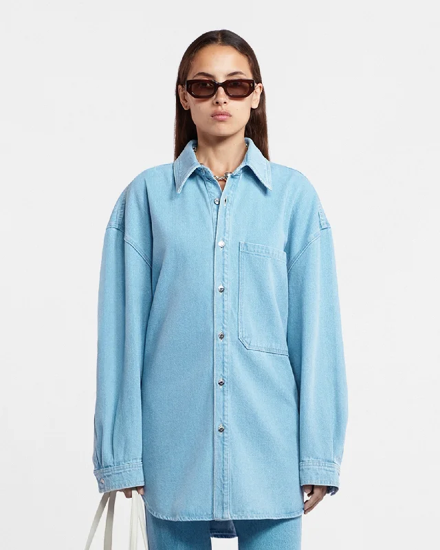 Aarna - Denim Shirt - Eco Light Wash Silk Blend Satin Velvet