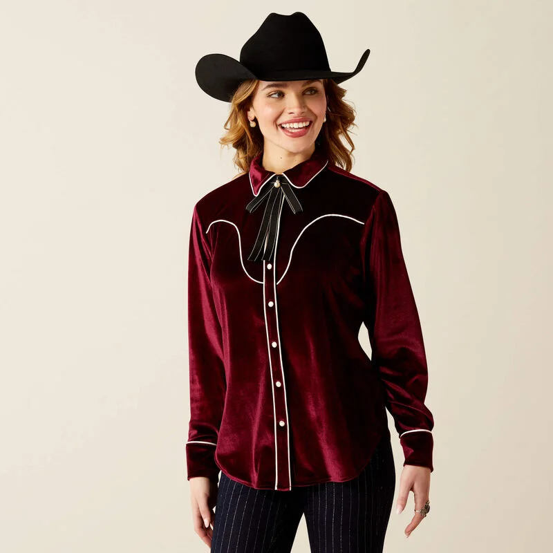 Ariat Women's Casa Rosa L/S Western Snap Shirt in Burgundy Velvet Polka Dot Checkered Tartan Ariat Women's Casa Rosa L/S Western Snap Shirt in Burgundy Velvet Polka Dot Checkered Tartan
