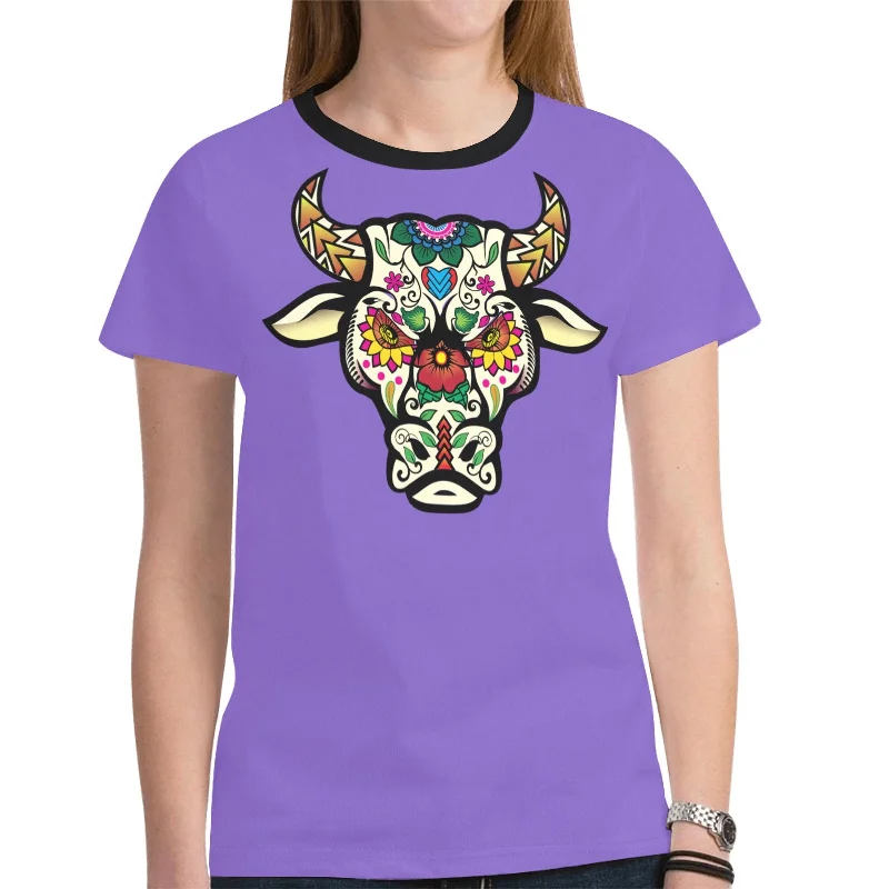 Bull Spirit Guide (Purple) T-shirt for Women Cotton Fabric Linen Fabric Terry Fabric