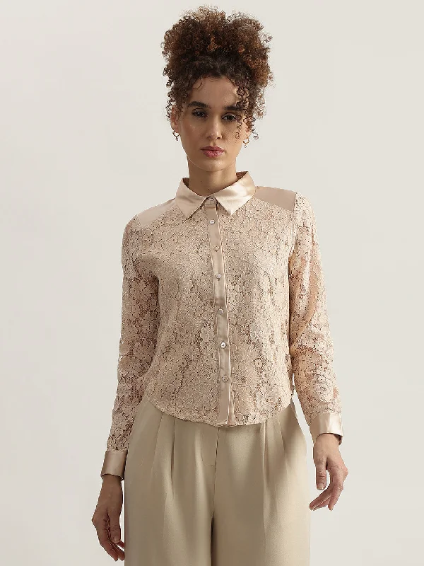 Centrestage Women Beige Self Design Spread Collar Full Sleeves Shirt Fleece Nylon Spandex Centrestage Women Beige Self Design Spread Collar Full Sleeves Shirt Fleece Nylon Spandex