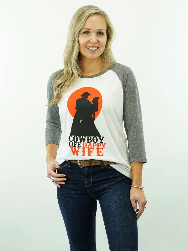 T-Shirt - Cowboy Life Happy Wife - Two Color, 3/4 Sleeve, Women's Cut Graphic T-Shirt Round Neck Polyester
