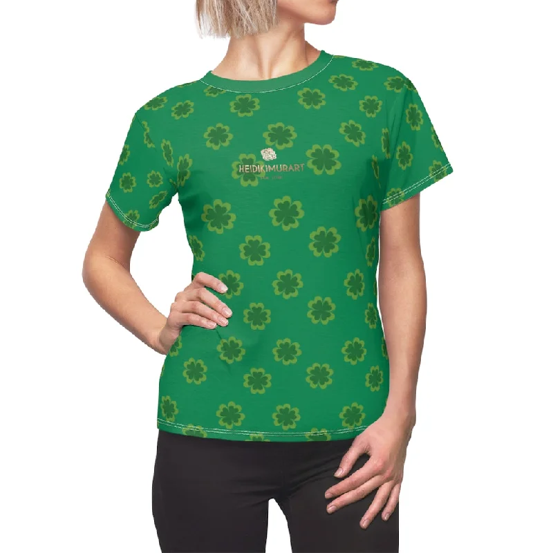 Dark Green Clover Pattern Print St. Patrick's Day Women's Crewneck Tee- Made in USA Real Fur Shearling Chenille Dark Green Clover Pattern Print St. Patrick's Day Women's Crewneck Tee- Made in USA Real Fur Shearling Chenille