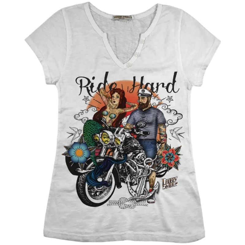 Vintabros Ride Hard Cotton Women T-shirt V Neck Zippered Front Buttoned Front Snap Front Vintabros Ride Hard Cotton Women T-shirt V Neck Zippered Front Buttoned Front Snap Front