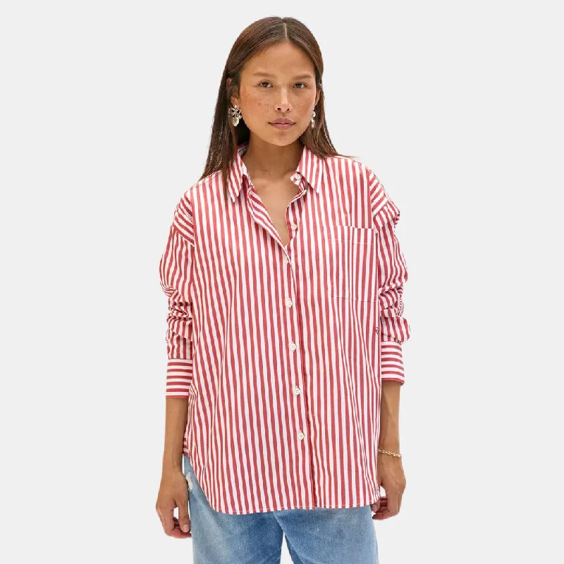 Emilette Oversized Shirt (Red + Cream) Collared Crew Neck Turtle Neck