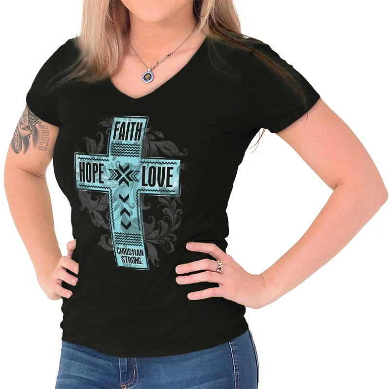 Faith Hope Love Junior Fit V-Neck T-Shirt Chenille Brocade Lace