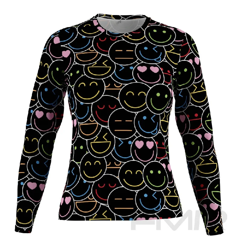 FMR Emoji Print Women's Long Sleeve T-Shirt Denim Fabric Leather Fabric Suede Fabric