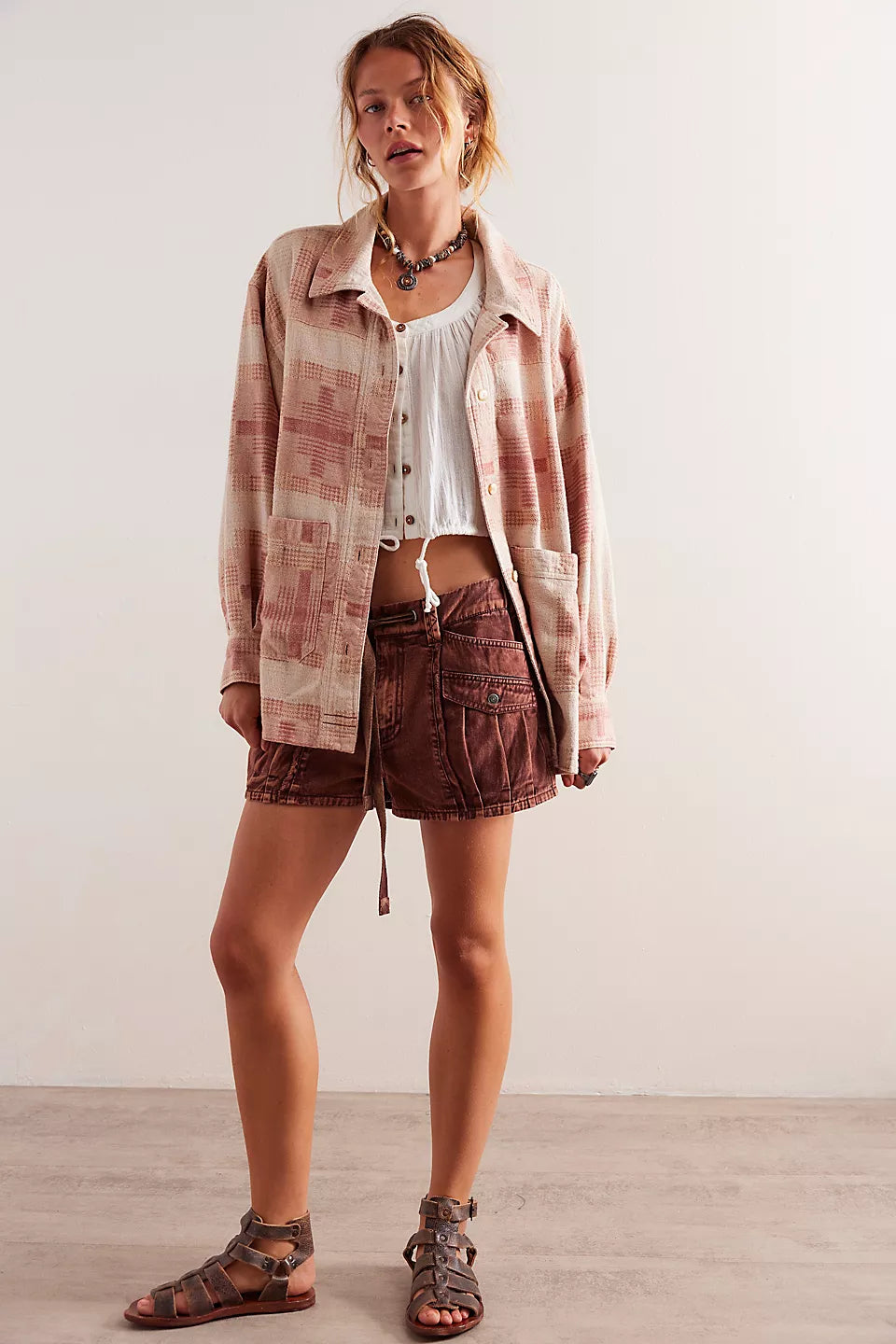 Free People We The Free Keep It Cozy Shirt - BERRY COMBO Solid Color Striped Floral