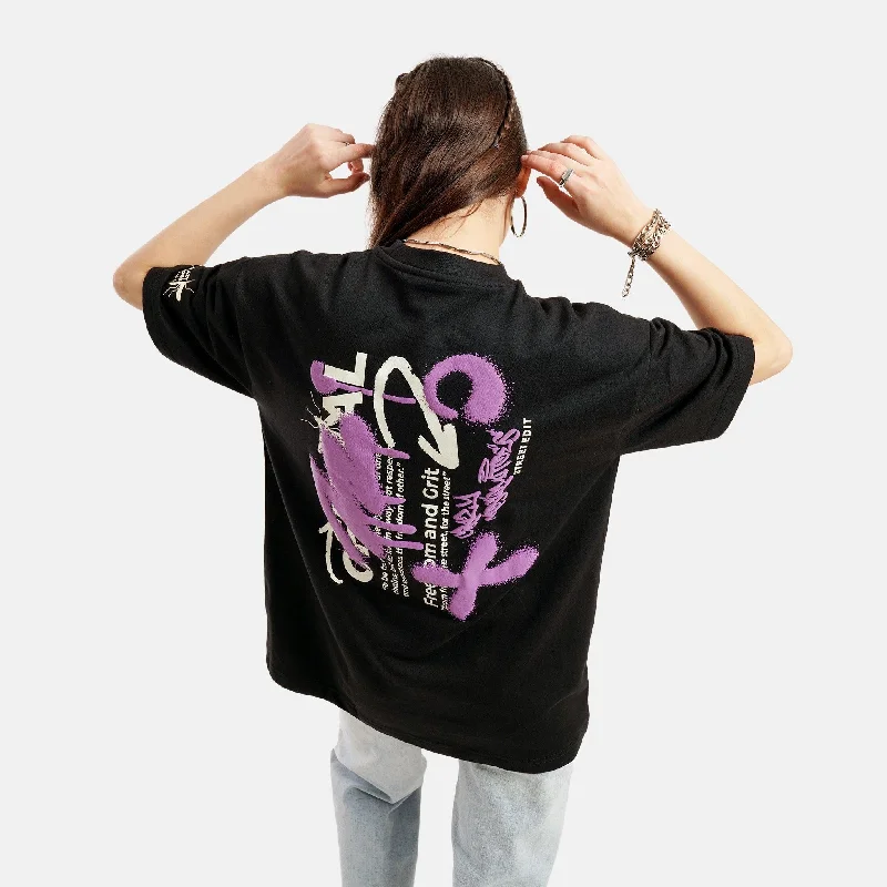 Graffiti Print Drop Shoulder Terry T-Shirt in Black - Womens Oversized T-Shirt Spandex breathable