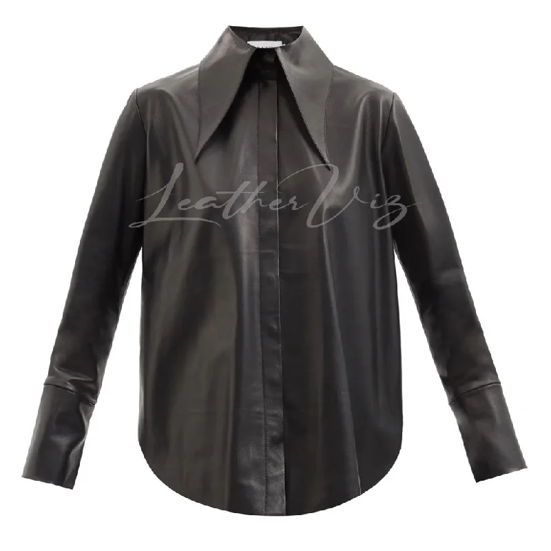HALLOWEEN SPECIAL EXAGGERATED-COLLAR LEATHER SHIRT Print Jacquard Patchwork