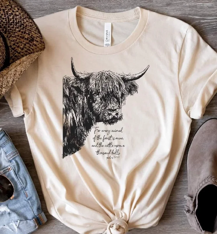 Highland Cow with Psalms Verse Tee Wool Fabric Cashmere Fabric Tweed Fabric