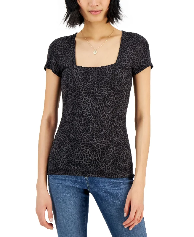 INC International Concepts Womens Leopard Print Ribbed Square Neck T-Shirt Nylon Fabric Polyester Fabric Spandex Fabric INC International Concepts Womens Leopard Print Ribbed Square Neck T-Shirt Nylon Fabric Polyester Fabric Spandex Fabric