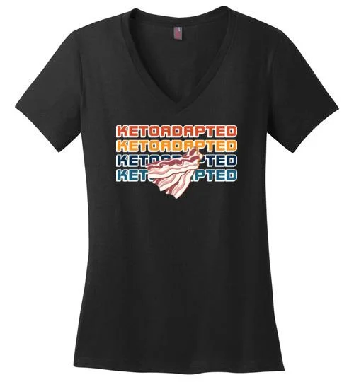 Ketoadapted T-Shirt with Bacon, Ladies Perfect Weight V-Neck Asymmetrical Pockets Print Ketoadapted T-Shirt with Bacon, Ladies Perfect Weight V-Neck Asymmetrical Pockets Print