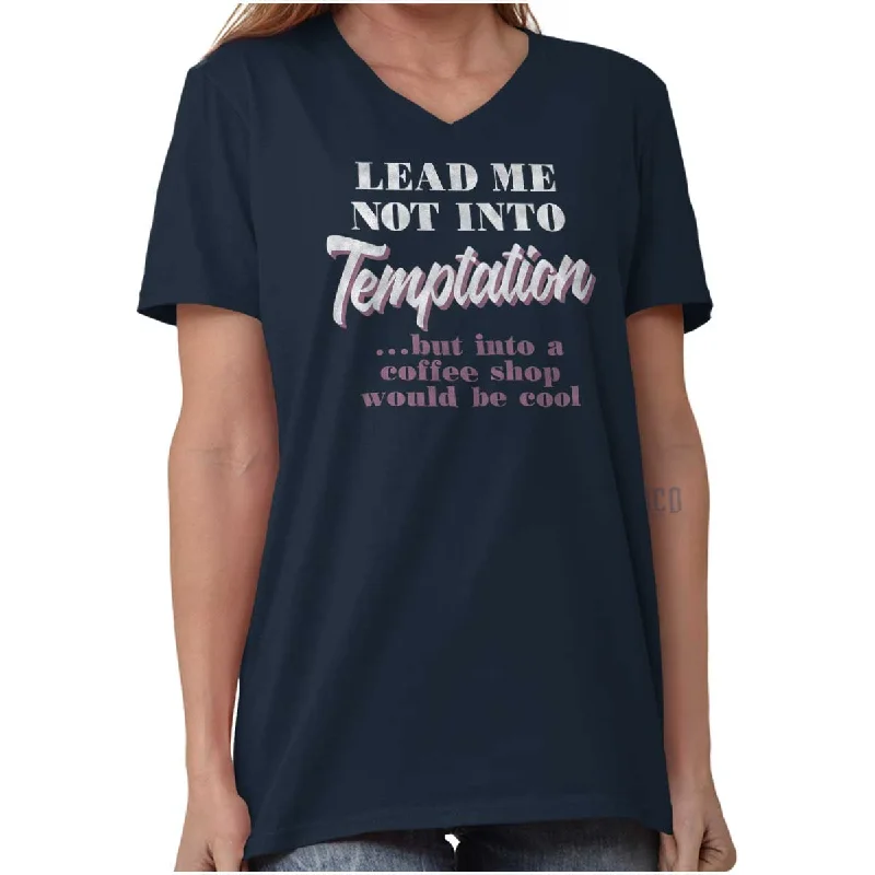 Lead Me Not To Temptation V-Neck T Shirt Lace Blend Ribbed Blend Corduroy Blend