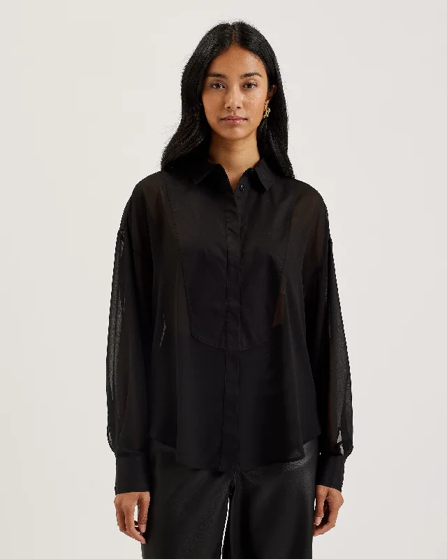 Lechosa Oversized Chiffon Bib Detail Shirt Black Thin T-Shirt Open Front Quick Dry