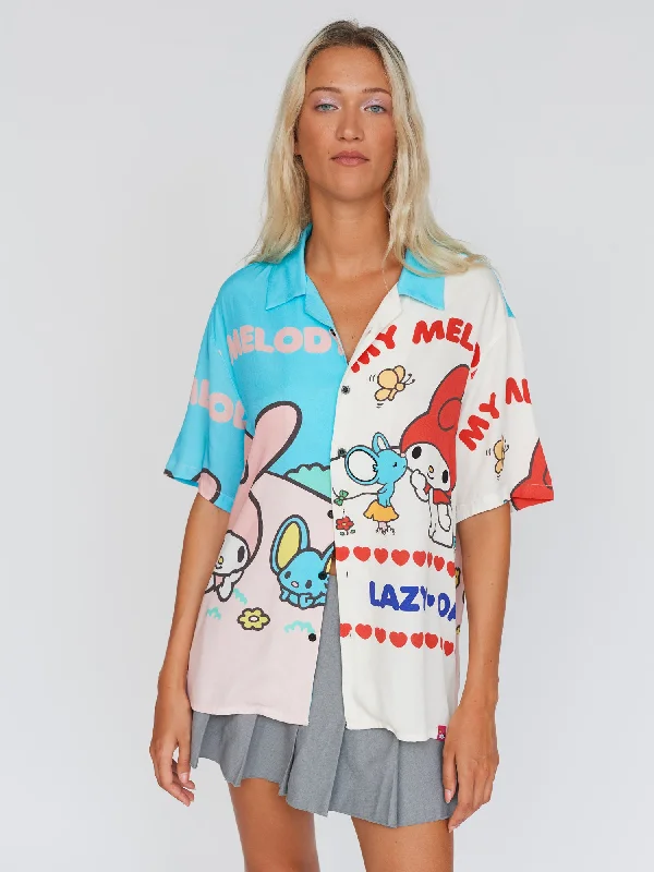 LO - My Melody Patchwork Bowling Shirt Satin Fabric Silk Fabric Chiffon Fabric