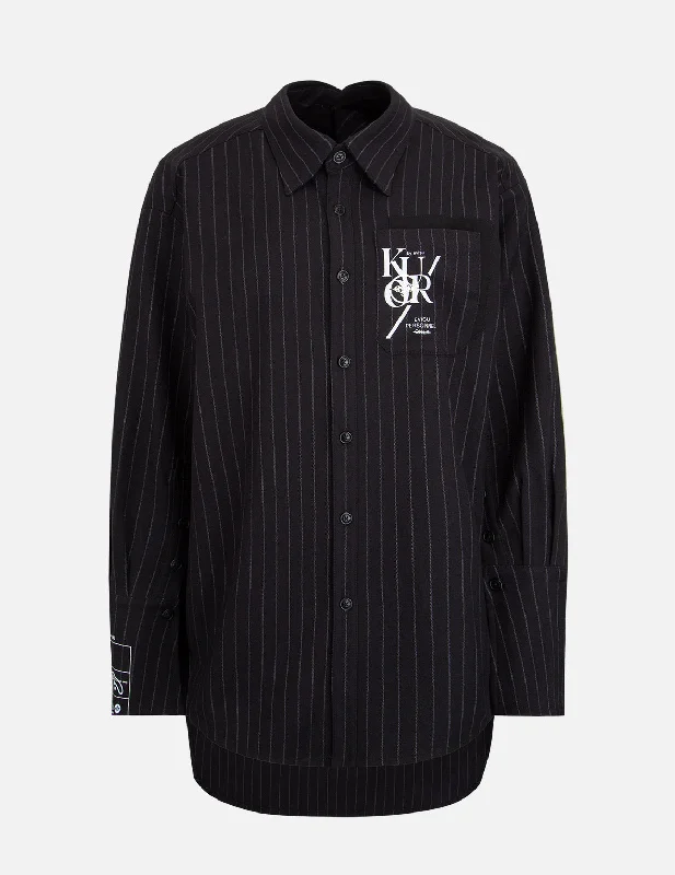 Logo and Slogan Print Stripe Shirt Iron Safe Non-Iron Wrinkle Free