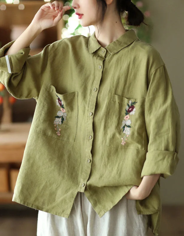 Longsleeve Embroidery Linen Loose Shirt Beaded Sequined Faux Fur