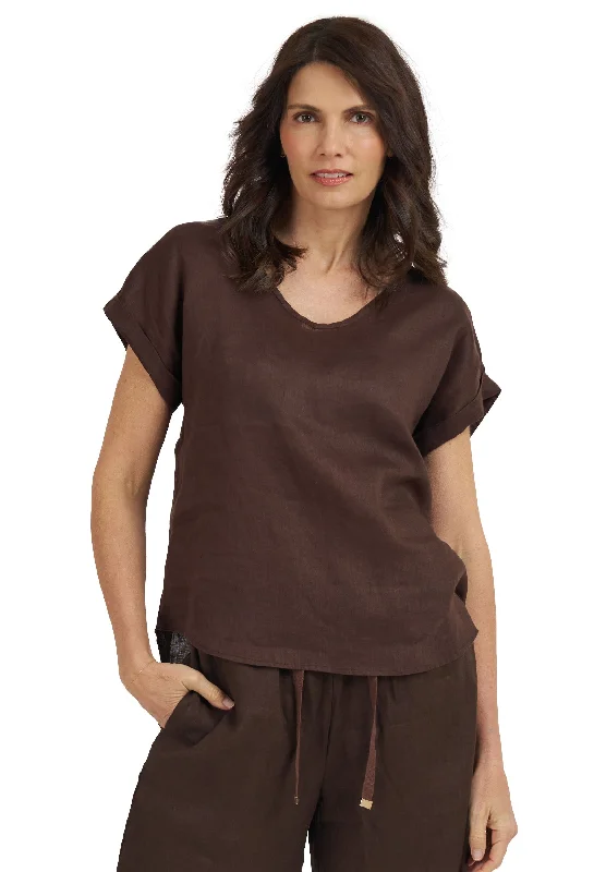 Martina Chocolate Sand Washed Linen T-Shirt Lace Blend Ribbed Blend Corduroy Blend