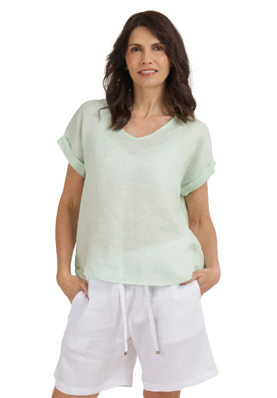 Martina Pistacchio Sand Washed Linen T-Shirt Ribbed Striped Patterned