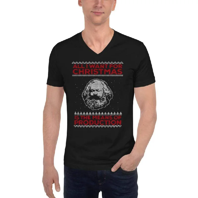 Marx - All I Want For Christmas Is The Means Of Production - Unisex V-Neck T-Shirt Real Fur Shearling Chenille Marx - All I Want For Christmas Is The Means Of Production - Unisex V-Neck T-Shirt Real Fur Shearling Chenille