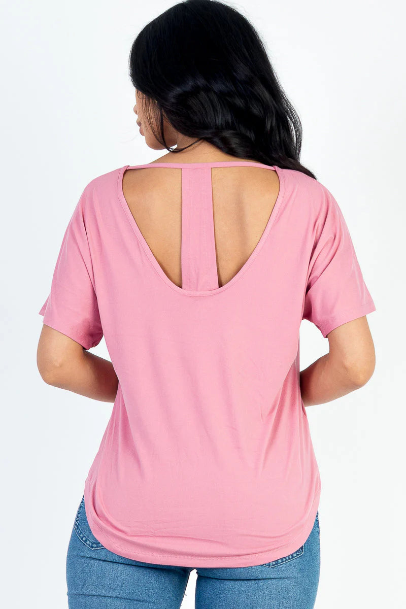 Mauve Buttery Cut out back tee V-Neck T-Shirt Long Sleeve Cotton