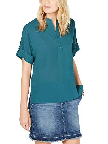 Michael Kors Womens Monogram Roll-Tab Shirt, Regular & Petite Sizes (Atlantic, P/M) Hooded Caped Shawl Collar Michael Kors Womens Monogram Roll-Tab Shirt, Regular & Petite Sizes (Atlantic, P/M) Hooded Caped Shawl Collar
