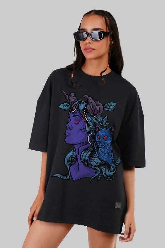 Mystic Cat Lady Black Baggy Fit T-Shirt Women Welt Pockets Slit Pockets Flap Pockets Mystic Cat Lady Black Baggy Fit T-Shirt Women Welt Pockets Slit Pockets Flap Pockets