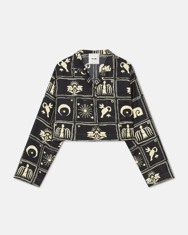 Vally - Cropped Printed Silk-Twill Shirt - Folk Art Black Casual Formal Business