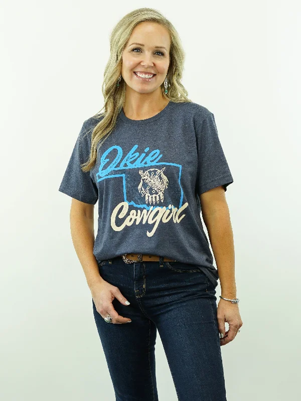 Okie Cowgirl - T-Shirt, Dark Blue Heather Notch Collar Peter Pan Collar Cowl Neck