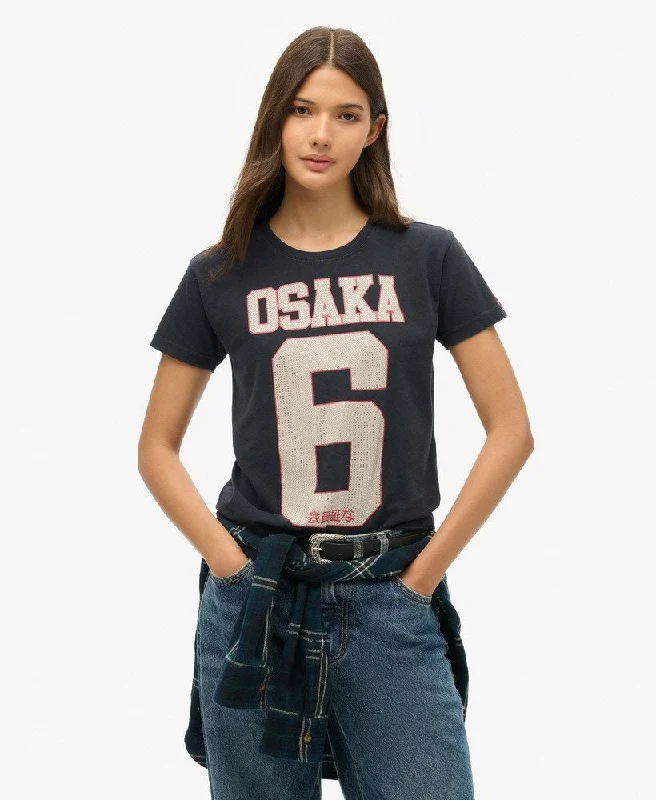 Osaka 6 Embellished 90s T-Shirt | Eclipse Navy Sequined Glittery Shiny