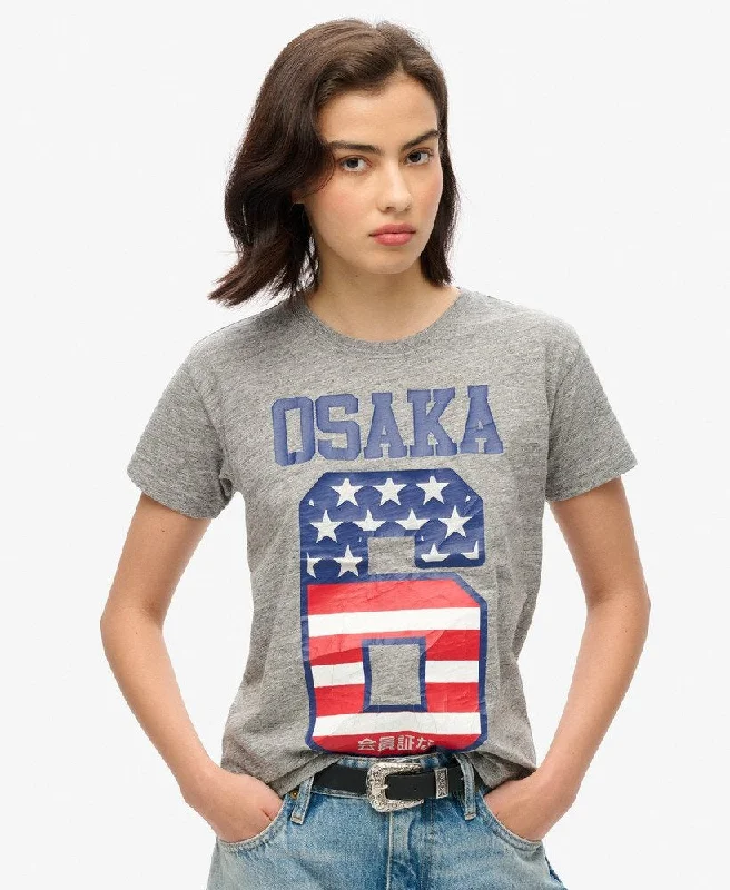 Osaka 6 Flag 90's T-Shirt | Athletic Grey Marle Satin Fabric Silk Fabric Chiffon Fabric