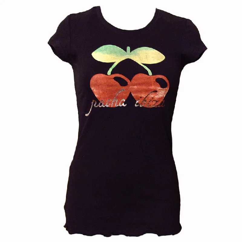 Pacha Watercolour Cherry Women's Black T-Shirt Front Pockets Side Pockets Patch Pockets Pacha Watercolour Cherry Women's Black T-Shirt Front Pockets Side Pockets Patch Pockets