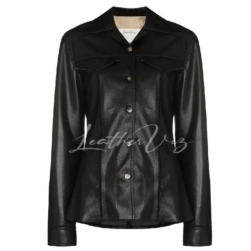 PANELED DETAILING WOMEM LEATHER SHIRTS Mesh Fabric Canvas Fabric Denim Fabric