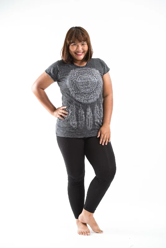 Plus Size Womens Dreamcatcher T-Shirt in Silver on Black Collared T-Shirt Boat Neck A-Line