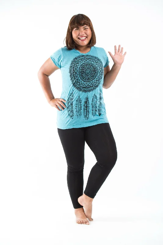 Plus Size Womens Dreamcatcher T-Shirt in Turquoise Graphic Embroidered Appliqued