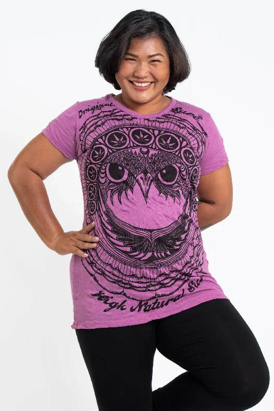 Plus Size Womens Weed Owl T-Shirt in Pink Basic T-Shirt Crew Neck Short Sleeve