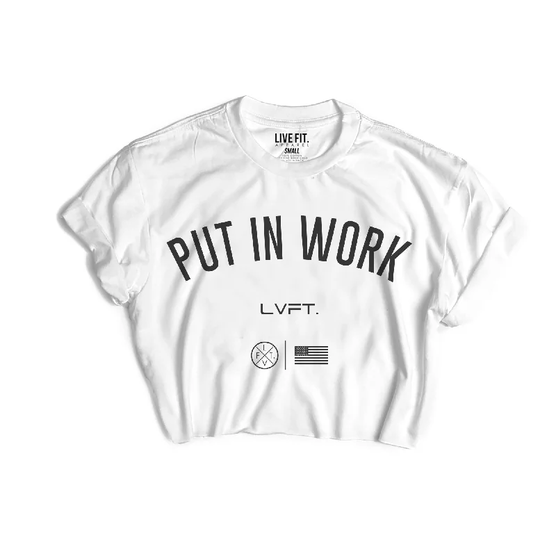 Put In Work Crop Tee - White/Black Boxy Fit Fitted Loose