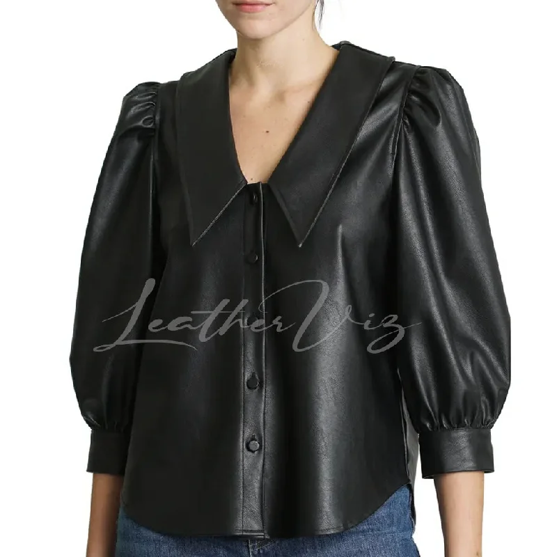 Sharp Point Collar Women Leather Shirt Zippered Buttoned Snapped
