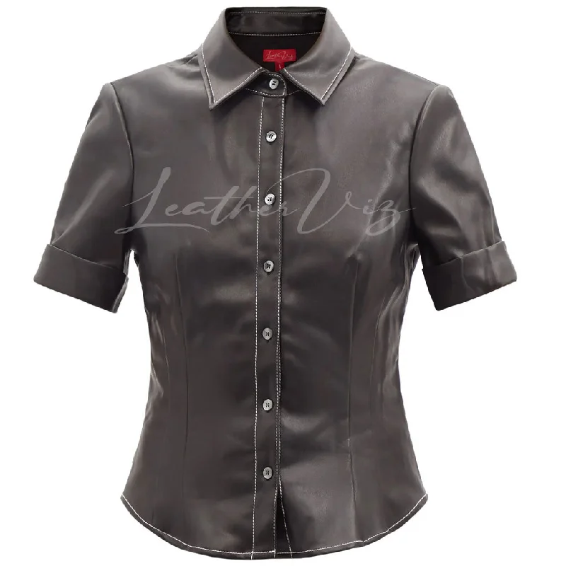 SHORT SLEEVES WOMEN BLACK LEATHER SHIRT Hooded Caped Shawl Collar