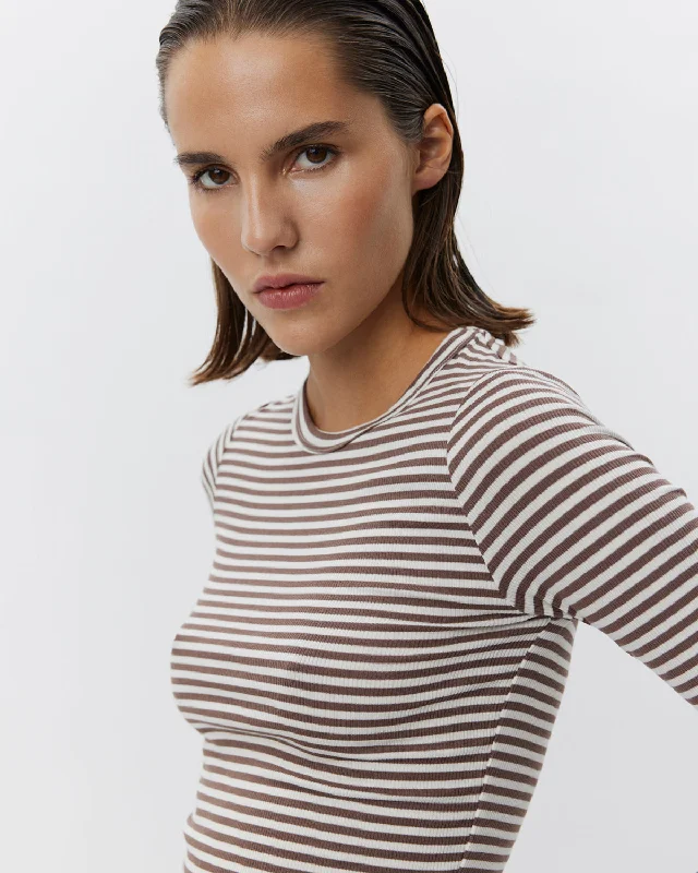 PETRICIASW STRIPE T-SHIRT LONG SLEEVE - Brown Striped Elasticated Padded Insulated
