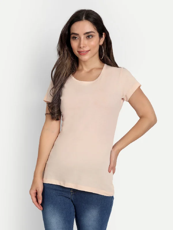 T.T. Women Light Pink Solid Round Neck Pure Cotton T-shirt Nylon Fabric Polyester Fabric Spandex Fabric