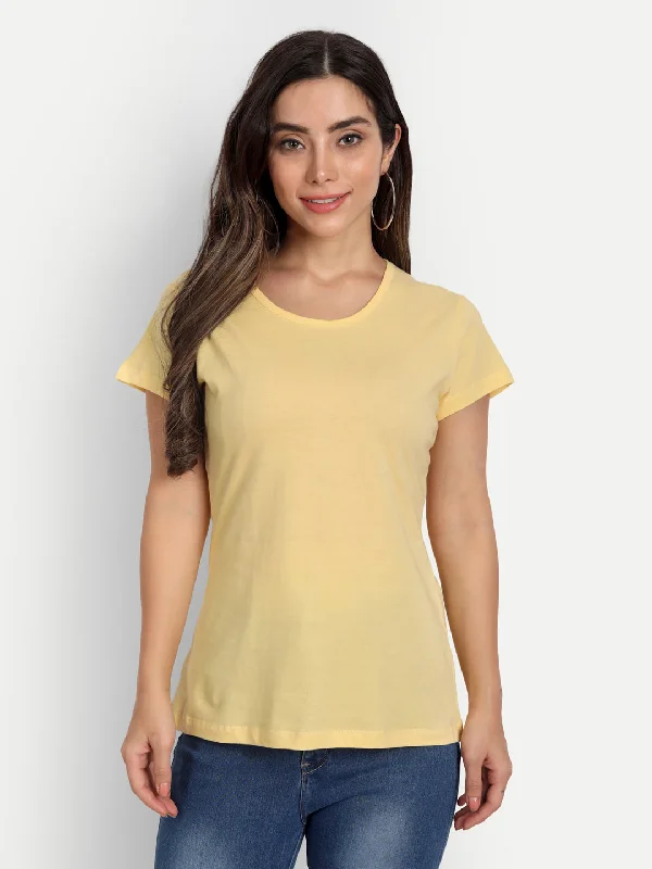 T.T. Women Yellow Solid Round Neck Pure Cotton T-shirt Mesh Canvas Denim