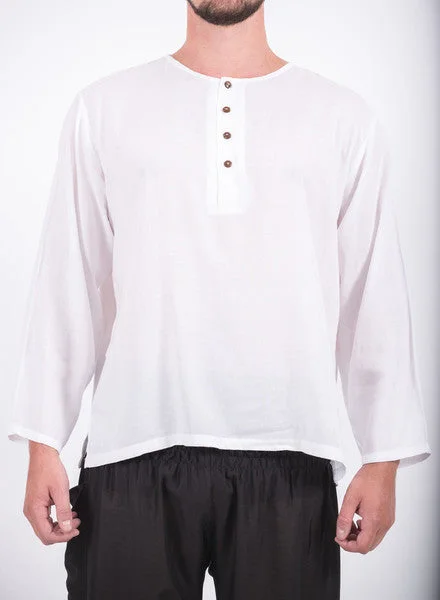 Unisex Long Sleeve Cotton Yoga Shirt with Coconut Shell Buttons in White Welt Pockets Slit Pockets Unisex Long Sleeve Cotton Yoga Shirt with Coconut Shell Buttons in White Welt Pockets Slit Pockets