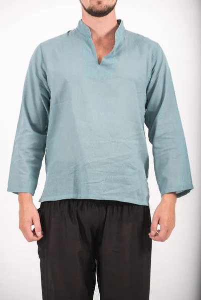 Unisex Long Sleeve Cotton Yoga Shirt with Nehru Collar in Aqua Thin T-Shirt Open Front Quick Dry Unisex Long Sleeve Cotton Yoga Shirt with Nehru Collar in Aqua Thin T-Shirt Open Front Quick Dry