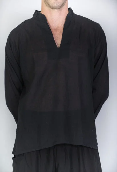 Unisex Long Sleeve Cotton Yoga Shirt with Nehru Collar in Black Zippered Buttoned Snapped Unisex Long Sleeve Cotton Yoga Shirt with Nehru Collar in Black Zippered Buttoned Snapped