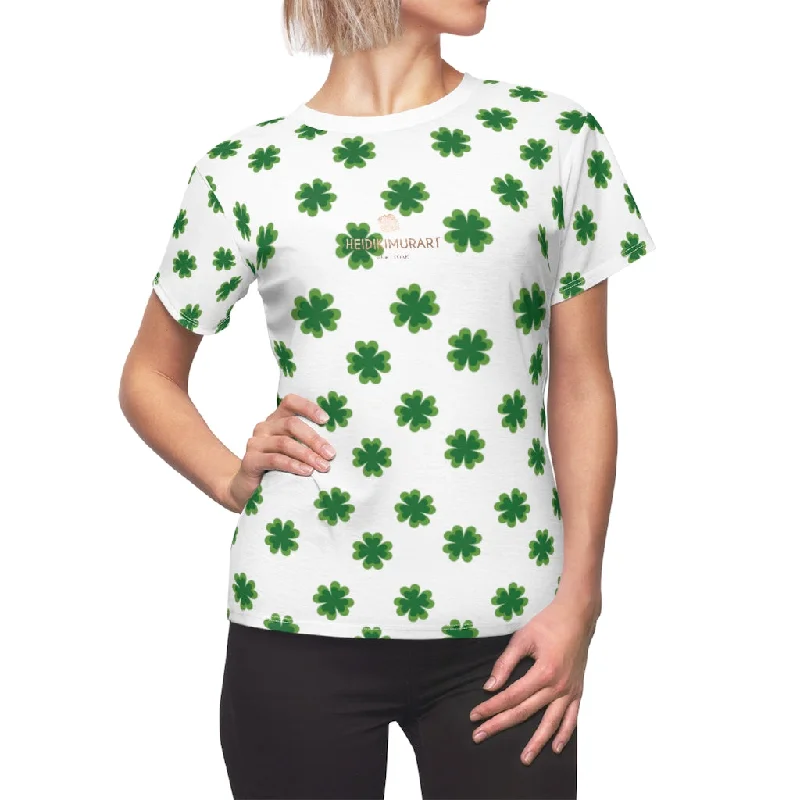 White Green Clover Print St. Patrick's Day Women's Short Sleeves Crewneck Tee- Made in USA Machine Wash Dry Clean Hand Wash