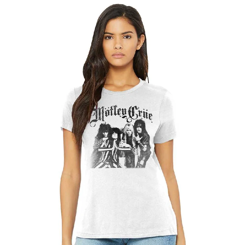 Women Exclusive MOTLEY CRUE Eye-Catching T-Shirt, Photo BW Striped Floral Plaid