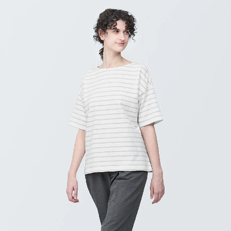 Striped Boatneck Short Sleeve T-Shirt Welt Pockets Slit Pockets Flap Pockets