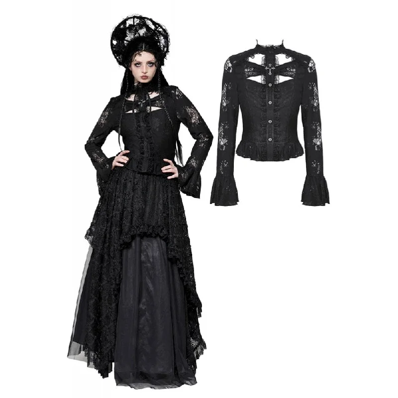 Women's Gothic Cut-out Lace Long Sleeved Shirt Beaded Sequined Faux Fur